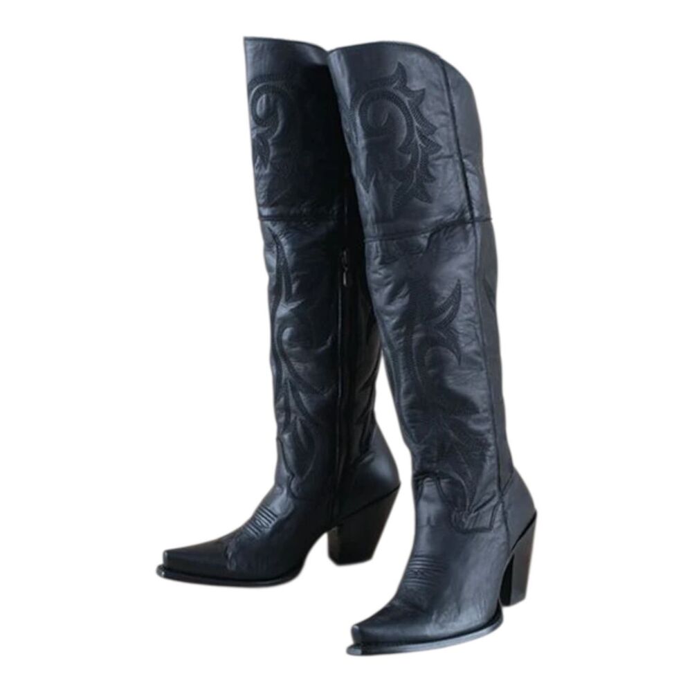 NIB Dan Post Jilted Cowboy Boots 10 Black Leather Over the Knee Snip Toe DP3789